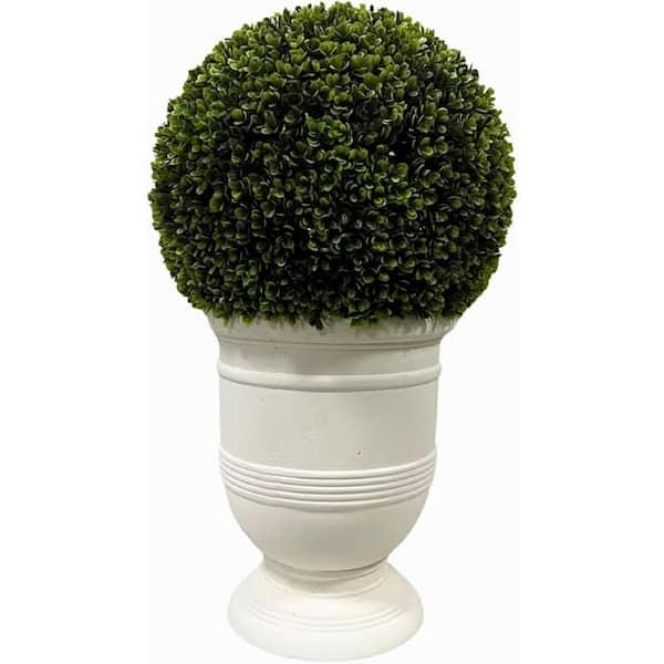 EverGreen 2ft, Artificial Boxwood Tree in Spherical White Bonsai with UV-Resistant Foliage