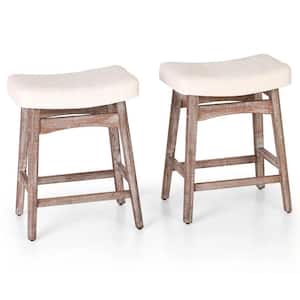 24 in. White Saddle Design Linen Fabric Bar Stool with Wood Legs, set of 2