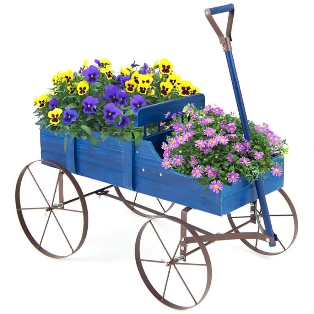 Blue Wooden Wagon Elevated Planter Bed With Metal Wheels For Garden, Yard And Patio price history on PriceWatchPro