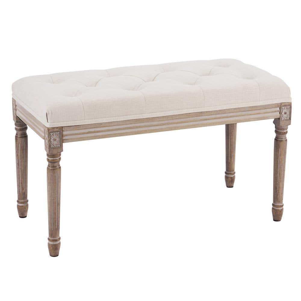 Wood French Vintage Upholstered Bench with Carved Solid Wood Frame (18.5 in. H x 31.5 in. W x 16.6 in. D)