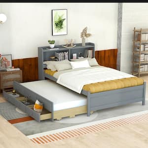 Gray Wood Frame Full Size Platform Bed with Twin Trundle, 3-Drawer, Storage Headboard with LED Light, USB Charging