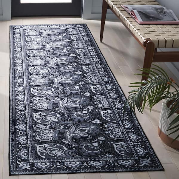 Arizona 3 ft. x 8 ft. Black/Gray Machine Washable Distressed Border Floral Runner Rug