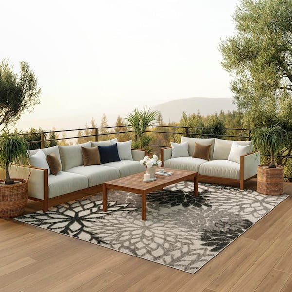 Aloha Gray 10 ft. x 13 ft. Floral Modern Indoor/Outdoor Patio Area Rug