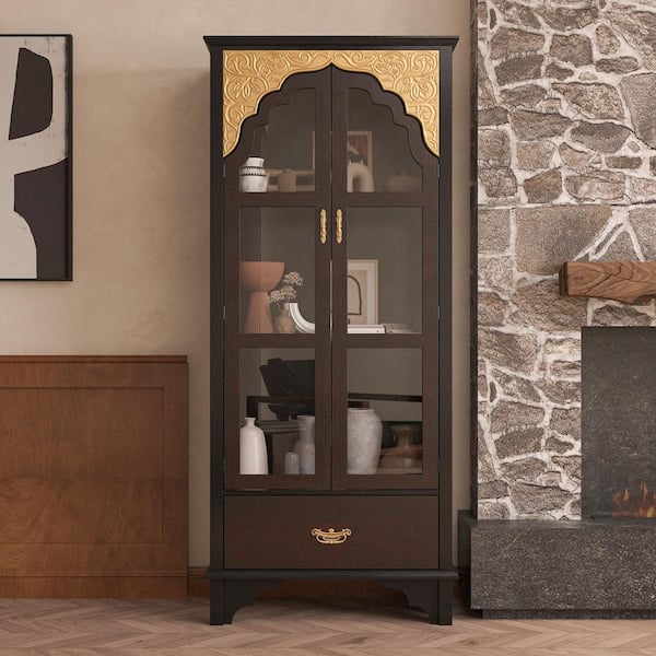 FUFU&GAGA 70.9 in. Tall Brown Wood 3-Shelf Accent Bookcase with Glass Doors, Drawer, Victorian Style (31.5 in. Wide)