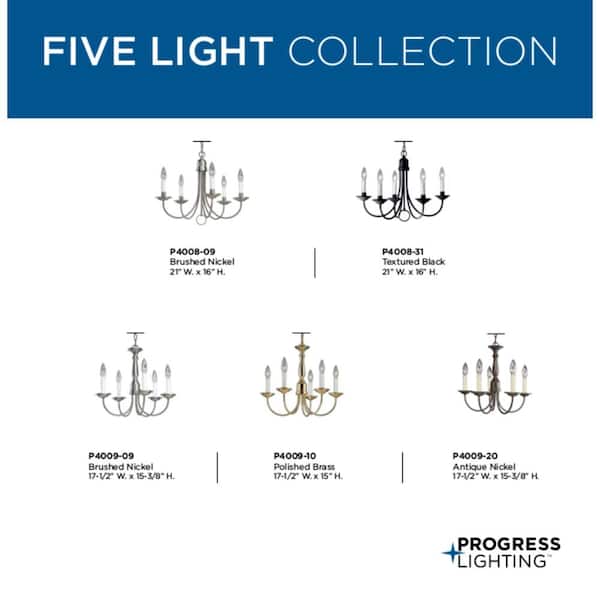 Progress Lighting Five-Light Textured Black White Candles Traditional Chandelier Light