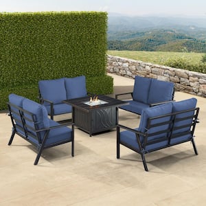 Black 6-Piece Aluminum Patio Fire Pit with 4-Deep Seating Loveseat Blue Cushions