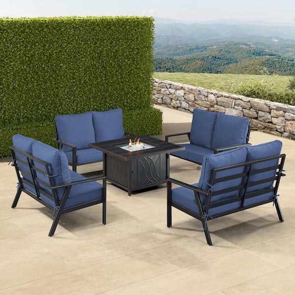 Oakland Living Black 6-Piece Aluminum Patio Fire Pit with 4-Deep Seating Loveseat Blue Cushions