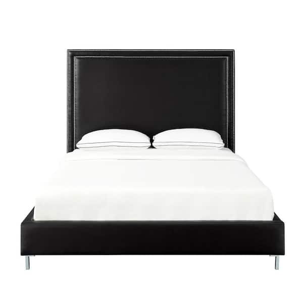 Samuele Black PU Leather Nailhead Trim Platform Queen Bed