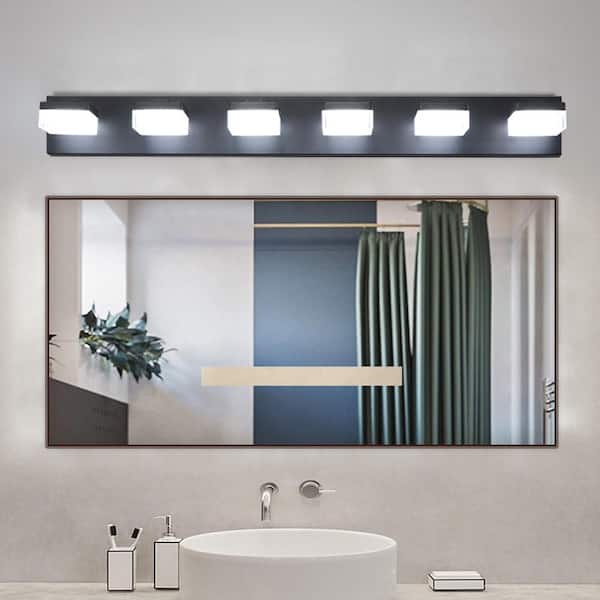 Modern Black 6-Light LED Vanity Light 36-Watt Iron Bathroom Wall Fixture with Frosted Acrylic Shades for Mirror Lighting