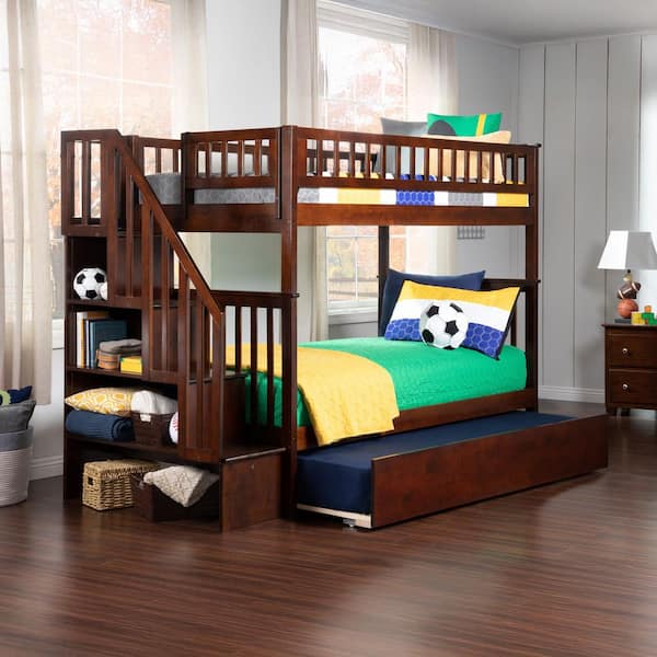 AFI Woodland Walnut Twin Over Twin Staircase Bunk Bed with Twin Size Urban Trundle Bed