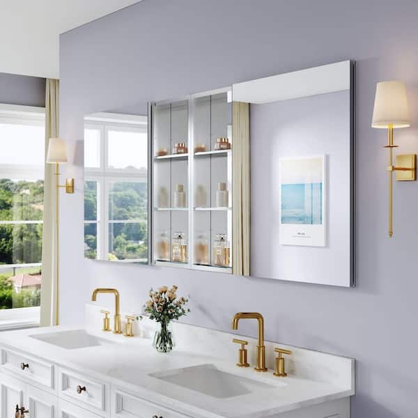 72 in. W x 30 in. H Rectangular Polished Aluminum Tri-View Soft Close Medicine Cabinet with Mirror Combo Set, Reversible