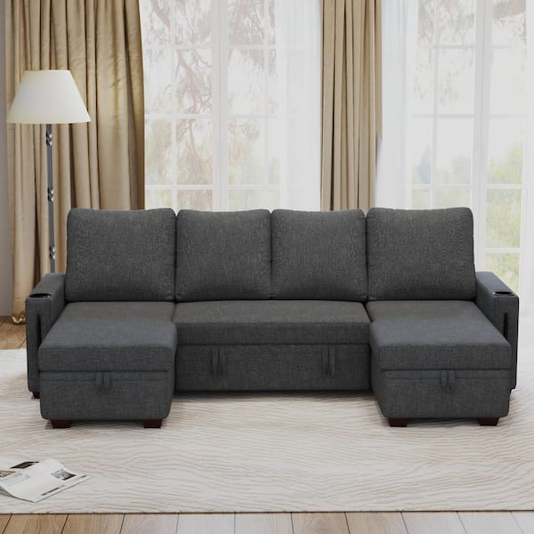 Zeus & Ruta Dark Grey Linen Fabric Metal Outdoor Sectional Sofa Set with Dark Grey Cushions, U-Shaped 4-Seat Sofa for Living Room