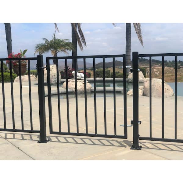 2.67 ft. x 64 ft. Blk Ornamental Space Bar Flat Metal Fence Panel Kit (8 panels,Posts,brackets,Gate) AboveGround Install