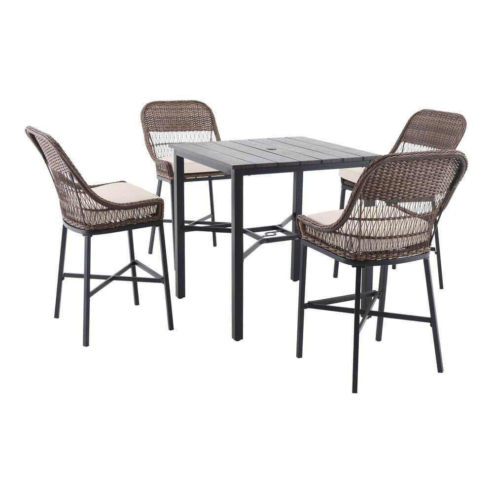 Hampton Bay Beacon Park 5-Piece Brown Wicker Outdoor Patio High Dining Set with CushionGuard Almond Tan Cushions -  FRS60698H-STAB