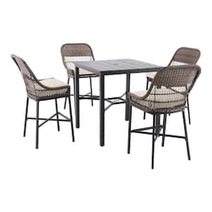 Beacon Park 5-Piece Brown Wicker Outdoor Patio High Dining Set with CushionGuard Almond Tan Cushions