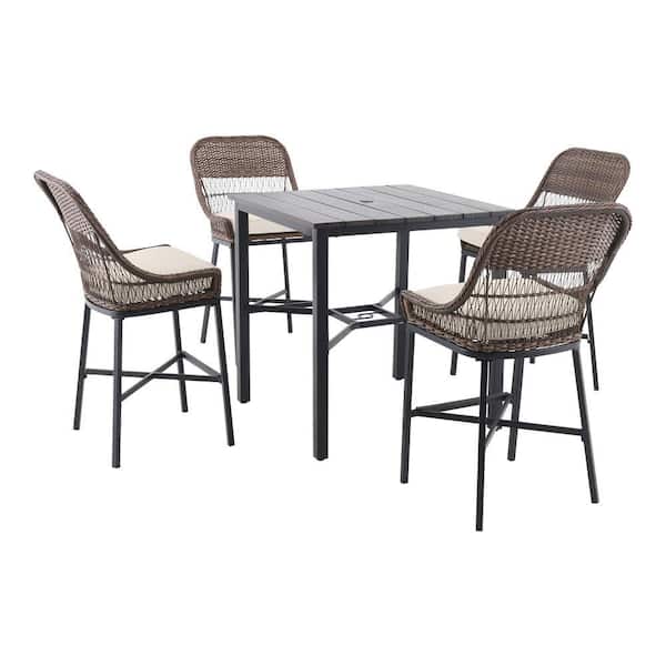 Hampton Bay Beacon Park 5-Piece Brown Wicker Outdoor Patio High Dining Set with CushionGuard Almond Tan Cushions