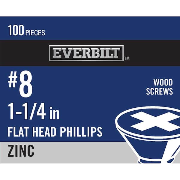 Everbilt #8 x 1-1/4 in. Phillips Flat Head Zinc Plated Wood Screw (100-Pack)