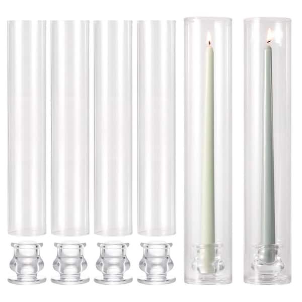 Set of 6 Clear Hurricane Glass Candle Holders for Taper Candles 14 in. Tall with Windproof Covers Wedding and Home Decor