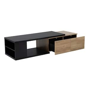 47.2- 57 in. Rectangle Black MDF Top Extendable Dual-tone Wood Center Coffee Table with Storage and 2 Drawers