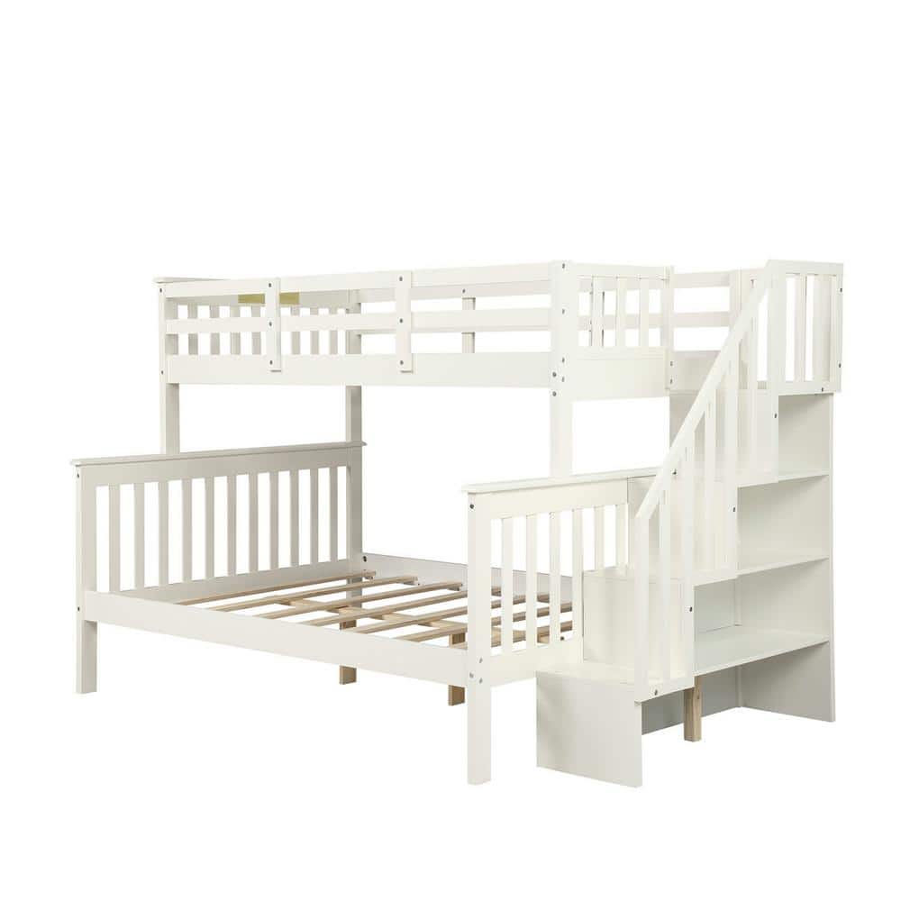 JASMODER 54.33 in. W White Stairway Twin-Over-Full Bunk Bed with Storage and Guard Rail for Bedroom, Off White