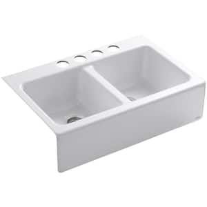 Hawthorne Undermount Farmhouse Apron Front Cast Iron 33 in. 4-Hole Double Bowl Kitchen Sink in White