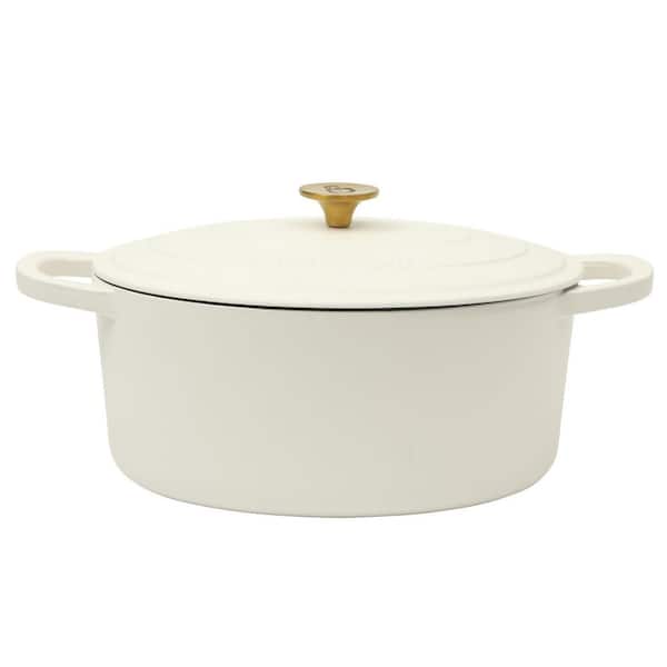 7 Quart Oval Enameled Cast Iron Dutch Oven in Linen with Gold Handle