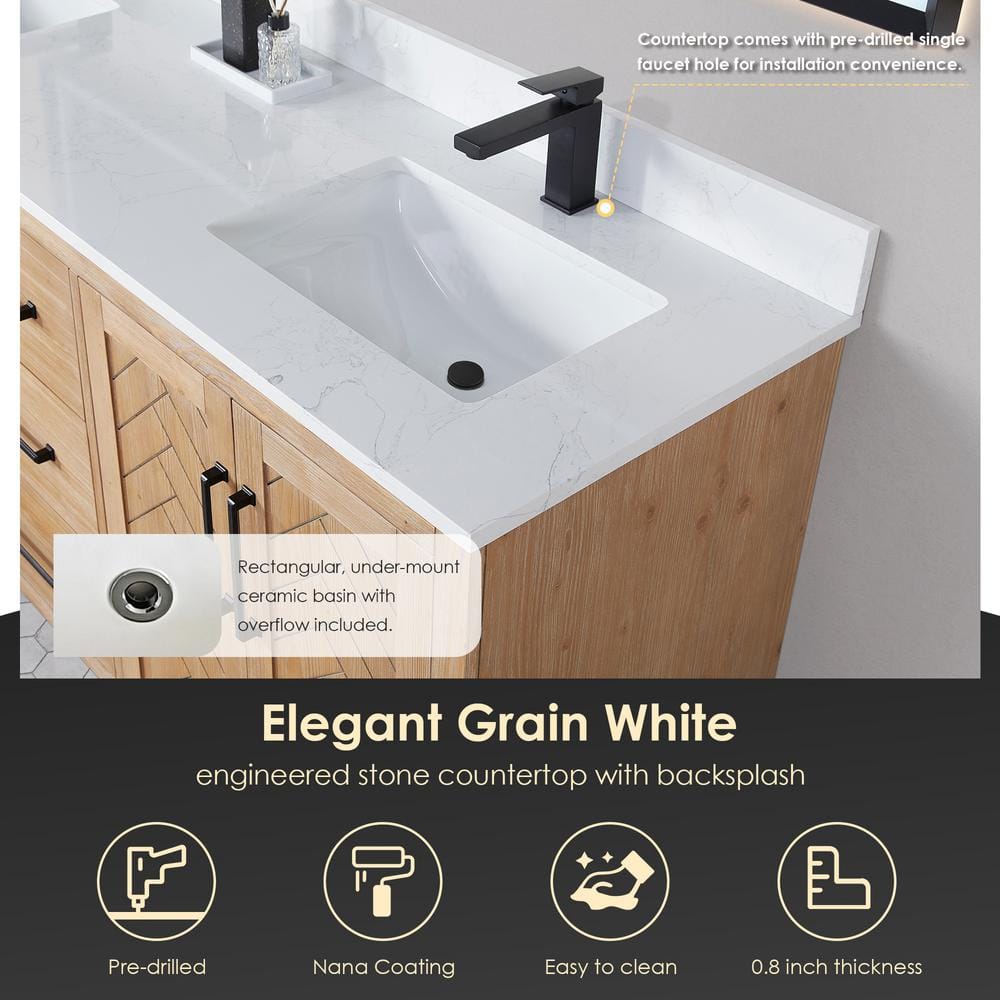 Anais 72" Light Brown Fir Wood Vanity with White Stone Top and Mirror