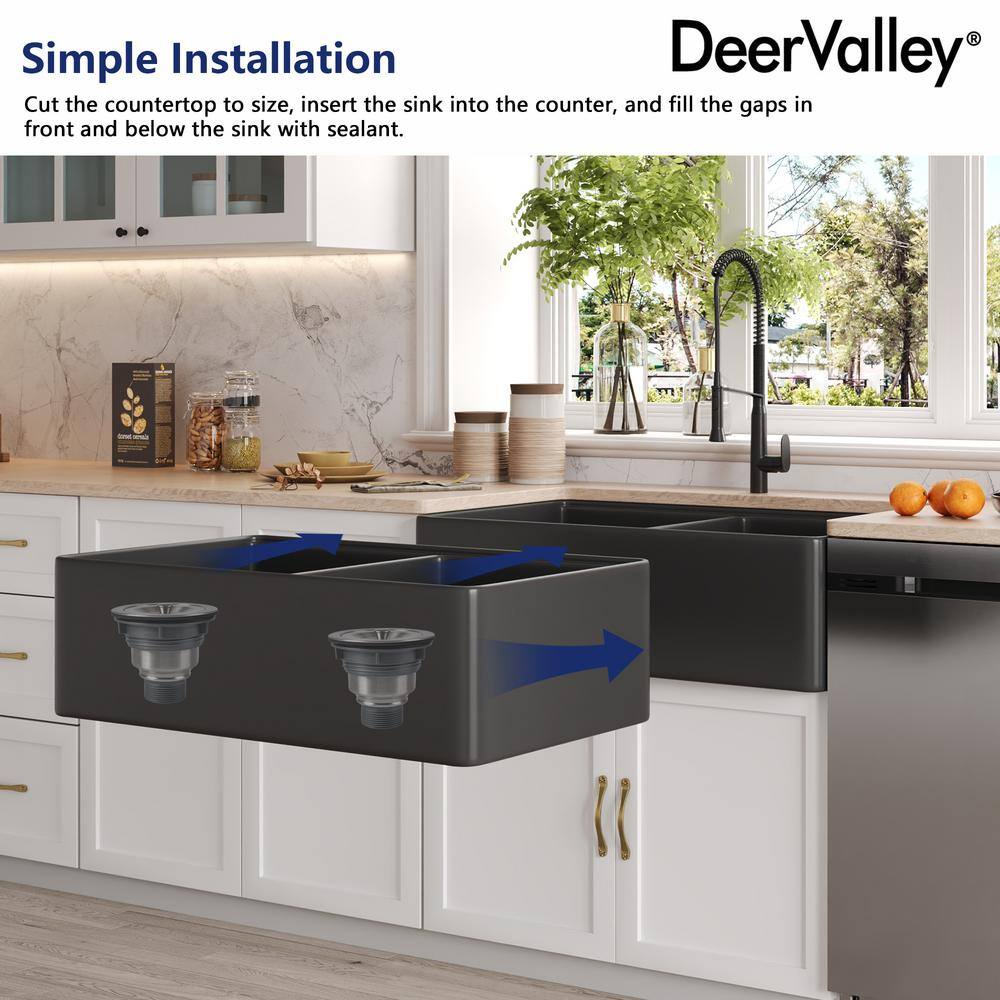 33" Black Fireclay Double Bowl Farmhouse Kitchen Sink with Accessories