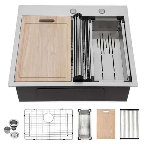 HBEZON Brushed Nickel 18-Gauge Stainless Steel 33 in. Single Bowl Drop-in Workstation Kitchen Sink with Cutting Board