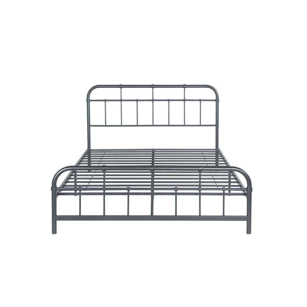 Charcoal Gray Industrial Queen Iron Bed Frame with Upholstered Headboard
