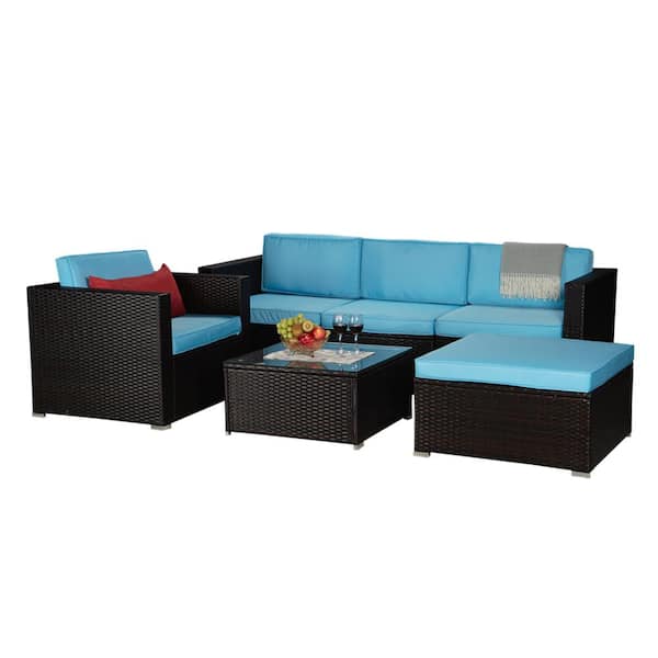 Unbranded Brown 6-Piece Wicker Patio Conversation Sectional Seating Set with Blue Cushion
