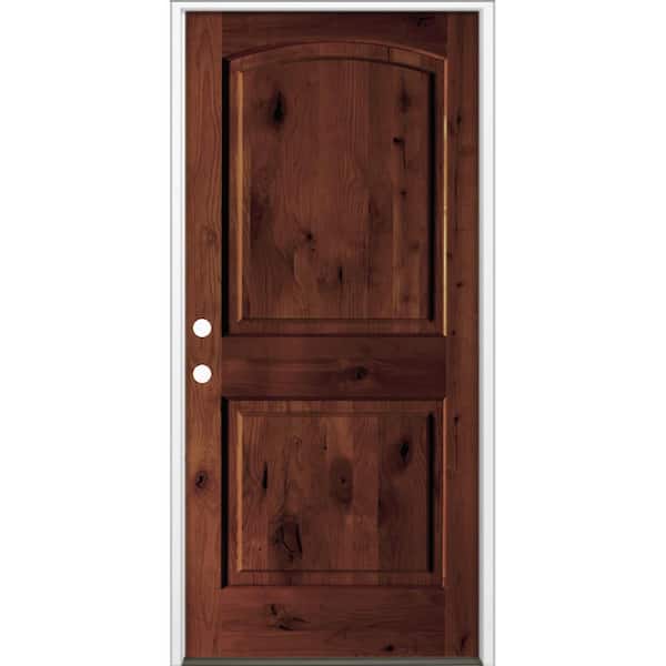 32 in. x 80 in. Rustic Knotty Alder 2-Panel Arch Top Right-Hand/Inswing BEHR Red Mahogany Stain Wood Prehung Front Door