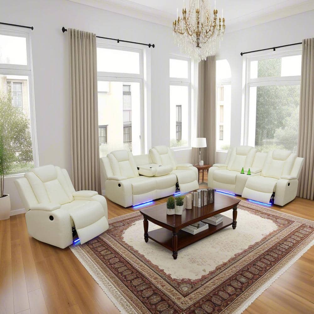 83.5 in. W Round Arm Faux Leather Rectangle Reclining Sofa in White