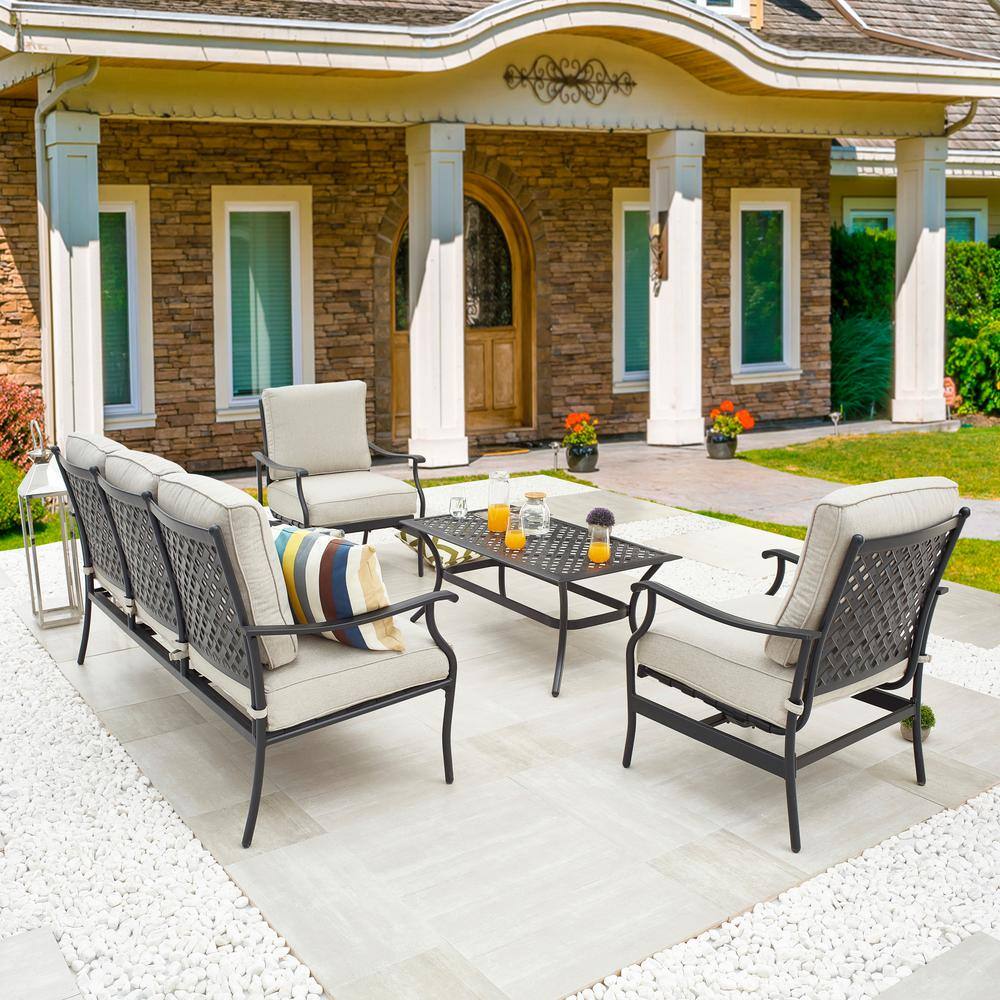 Beige Cushioned 5-Person Black Steel Patio Conversation Set