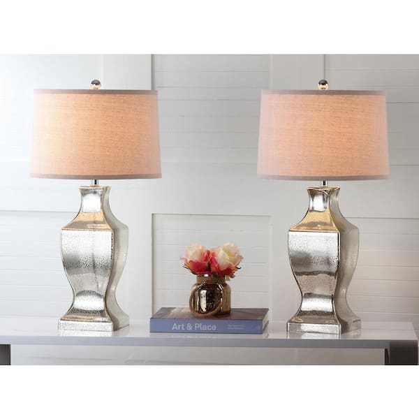 SAFAVIEH Glass Bottom 28.5 in. Antique Silver Urn Table Lamp with Wheat Shade (Set of 2)