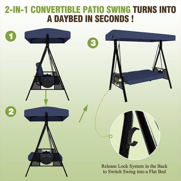 3-Person Metal Patio Swing Chair with Converting Canopy, Detachable Cushion and Side Trays, Navy Blue