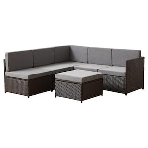 Brown 4-Piece Wicker Patio Furniture Sets Outdoor Sectional Sofa Set with Light Grey Cushions and Table