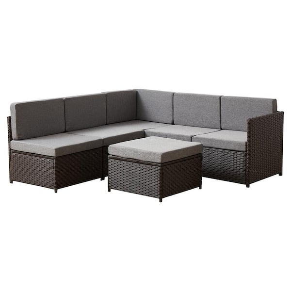 GOOEEN Brown 4-Piece Wicker Patio Furniture Sets Outdoor Sectional Sofa Set with Light Grey Cushions and Table