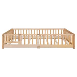 Beige Wood Frame Queen Platform Bed with Fence Guardrails and Door