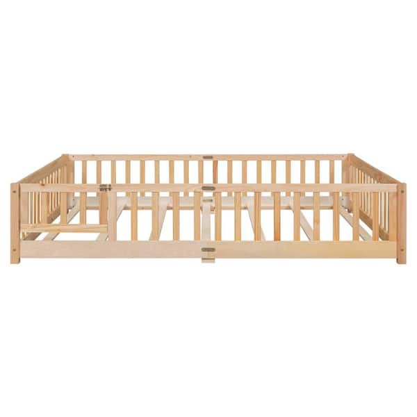 wetiny Beige Wood Frame Queen Platform Bed with Fence Guardrails and Door