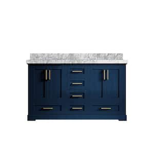 Boston 60 in. W x 22 in. D x 36 in. H Double Sink Bath Vanity in Navy Blue with 2" Carrara Marble Top