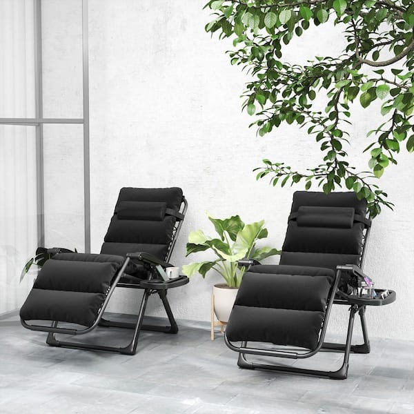 Black 2-Piece Metal Reclining Folding Zero Gravity Lounge Chair, Outdoor Chaise Lounge with Removable Cushion, Holder