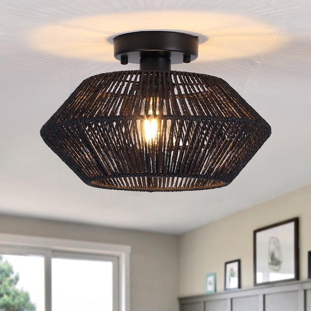 LWYTJO Semiko 12.6 in. 1-Light Black Hand-Woven Rattan Caged