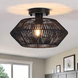 Semiko 12.6 in. 1-Light Black Hand-Woven Rattan Caged Semi Flush Mount Ceiling Light With Black Shade