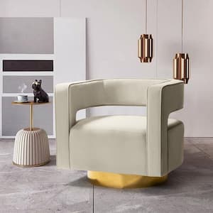 Gustaf Contemporary Velvet Tan Comfy Swivel Barrel Chair with Open Back and Metal Base