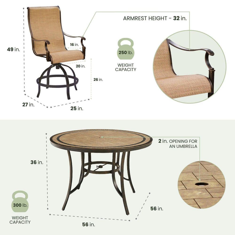 Monaco Tan and Bronze Aluminum 7-Piece High-Dining Set with Round Tile-Top Table