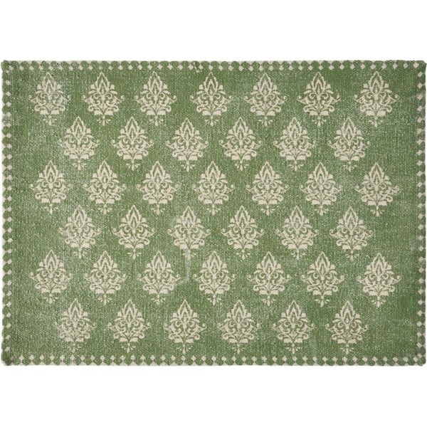 LR Home Fairytale 19 in. x 13 in. Damask Green Motif Bordered Cotton Placemats (Set of 4)