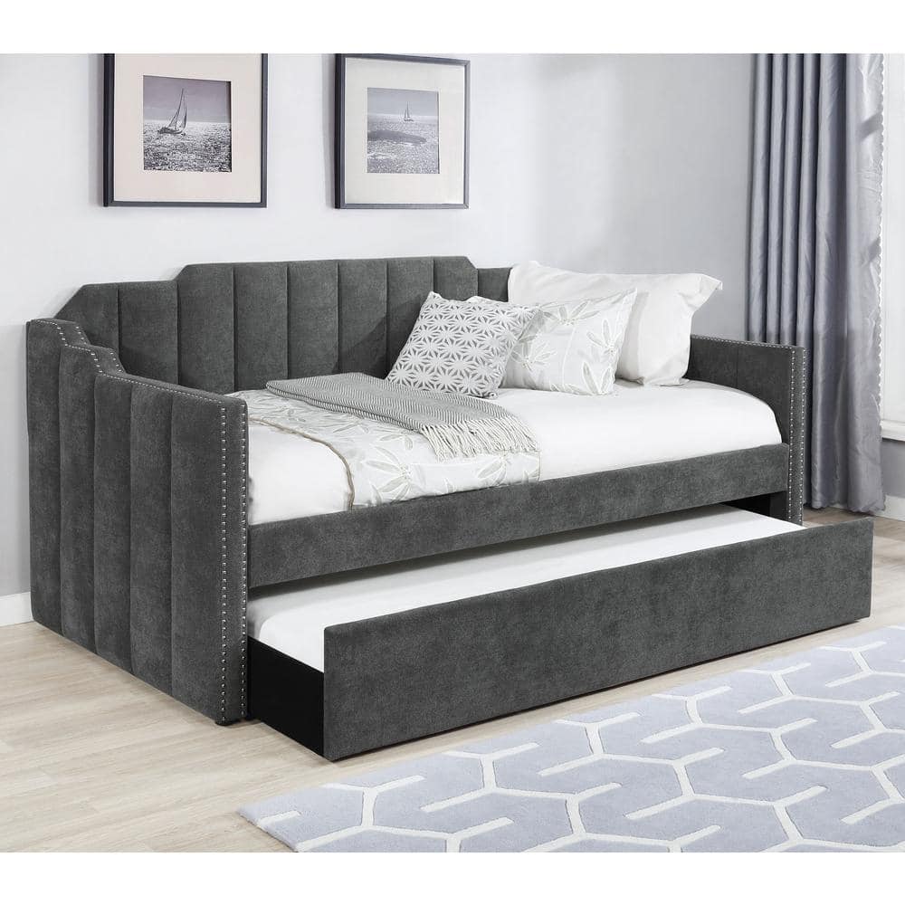 Gray Velvet Twin Daybed with Trundle and Nailhead Trim
