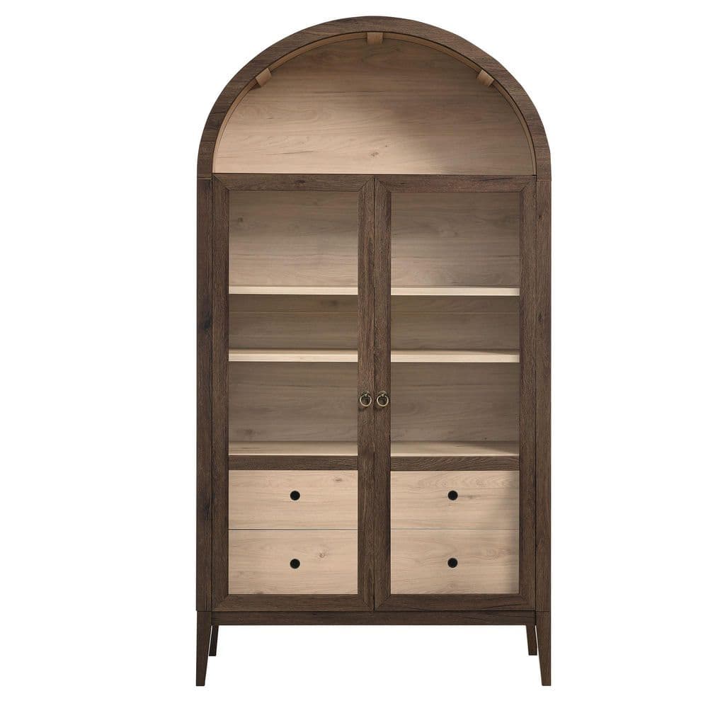 Nolan 74" Walnut Light Oak Arched Storage Display Cabinet with Glass Doors