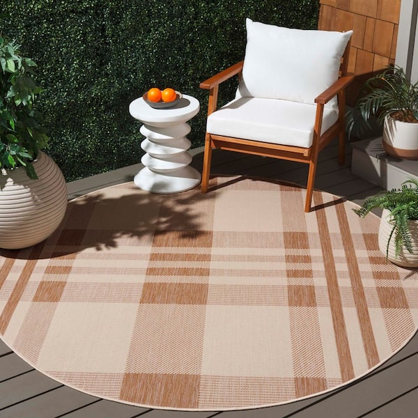 Courtyard Natural/Beige 3 ft. x 3 ft. Plaid Indoor/Outdoor Round Area Rug